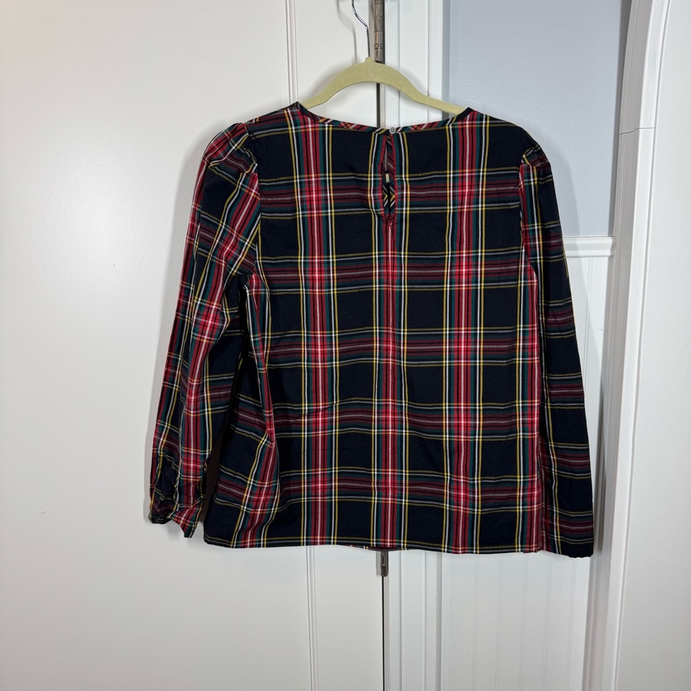 J. Crew Tartan Plaid Puff-Sleeve Top in Stretch Poplin Medium Red Black small - Picture 6 of 7